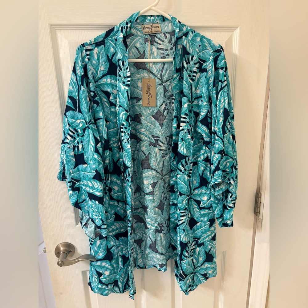 Kenny Flowers Blue and Green Leaf Print Top